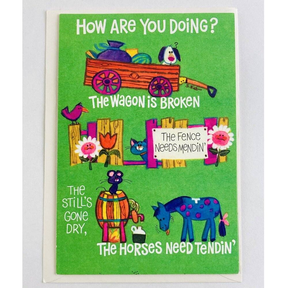 Vintage Hallmark Trifold Greeting Card Farm Funny RARE Get Well Horses Puppy Sad